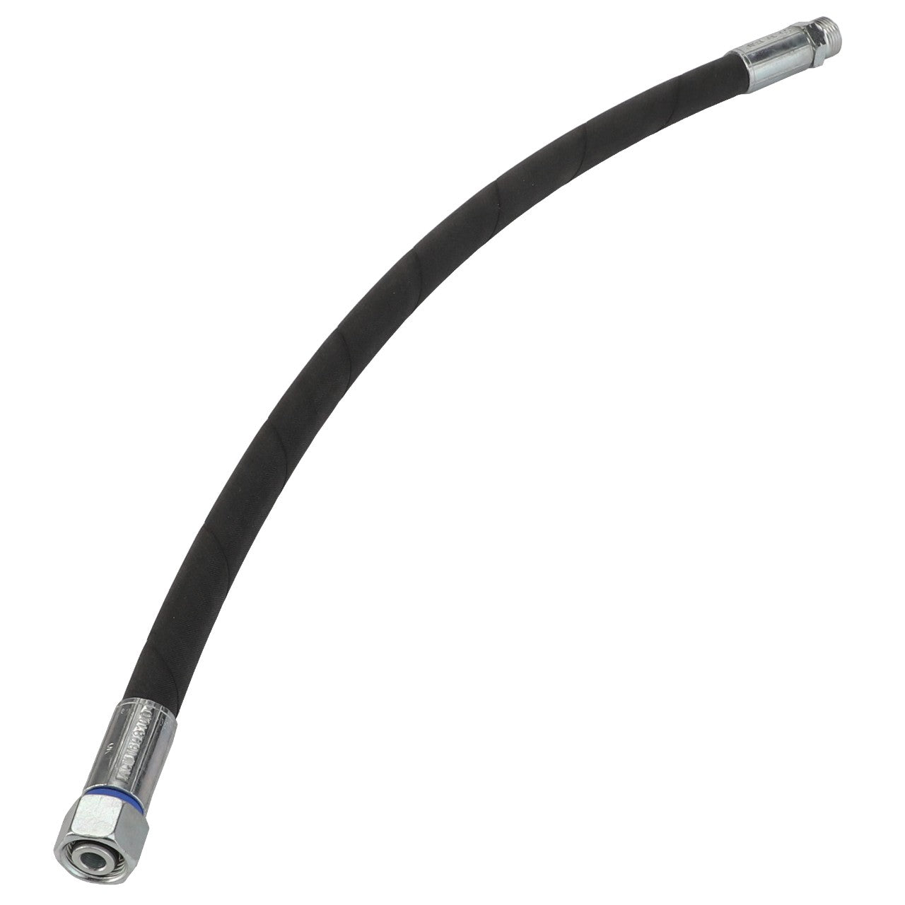 The AGCO Hydraulic Hose - Acw1693100 is a flexible black hydraulic hose featuring metal fittings on both ends, displayed against a white background. Note that no current product description information is available.