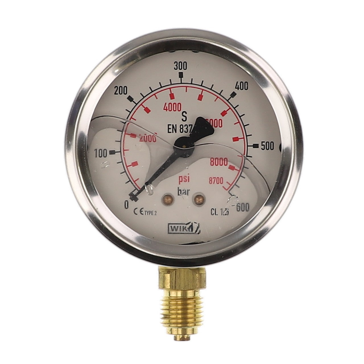 The AGCO Pressure Gauge - Act0031350 is an analog pressure gauge featuring a dual scale in psi and bar, capable of displaying up to 600 bar and 8700 psi. No current product description is available for this item.