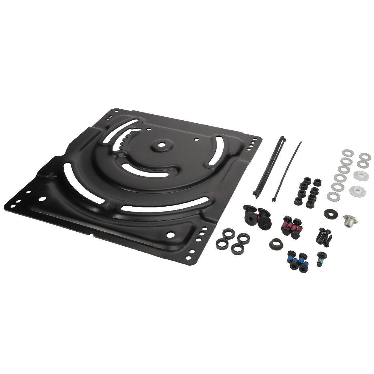 AGCO | TURN-TILT PLATE - F930500030540 with associated screws, washers, and mounting hardware meticulously arranged on a plain background.