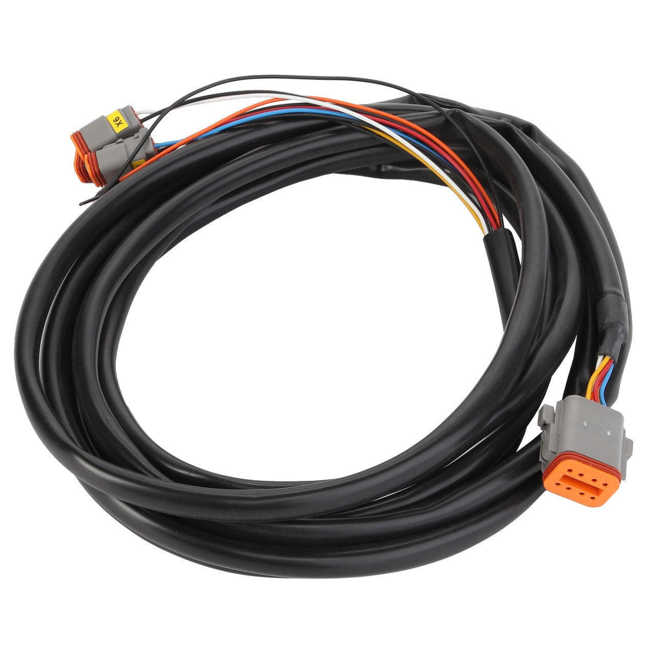 The AGCO | CABLE - AL60003889 by AGCO is a coiled electrical wire harness consisting of multiple colored wires, encased in sleek black sheathing, and expertly terminated with gray plastic connectors at each end.