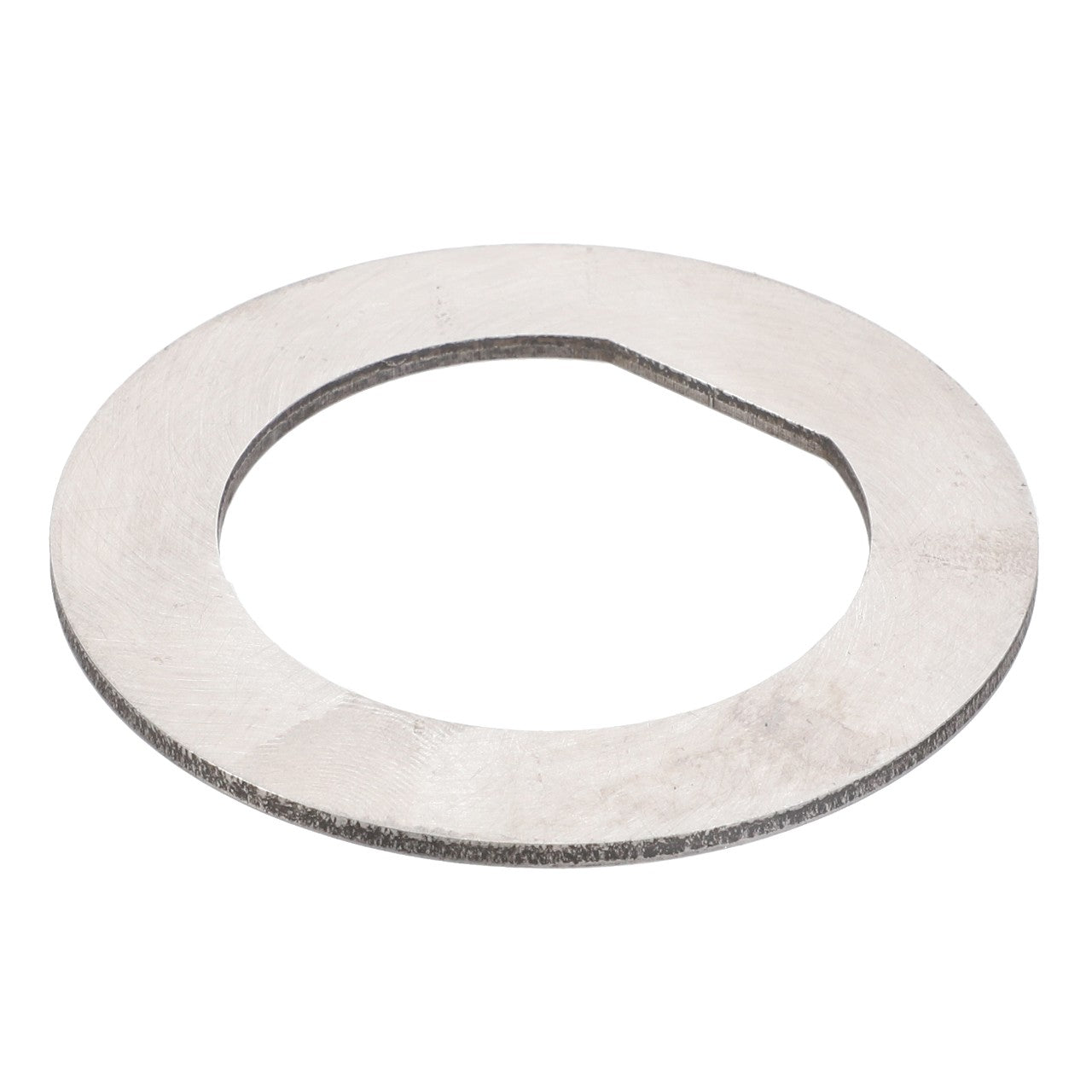 The AGCO | Thrust Washer - 3613276M1 is a flat, metallic washer with a smooth, circular shape and a small cutout on one side, designed to be compatible with Massey Ferguson models.