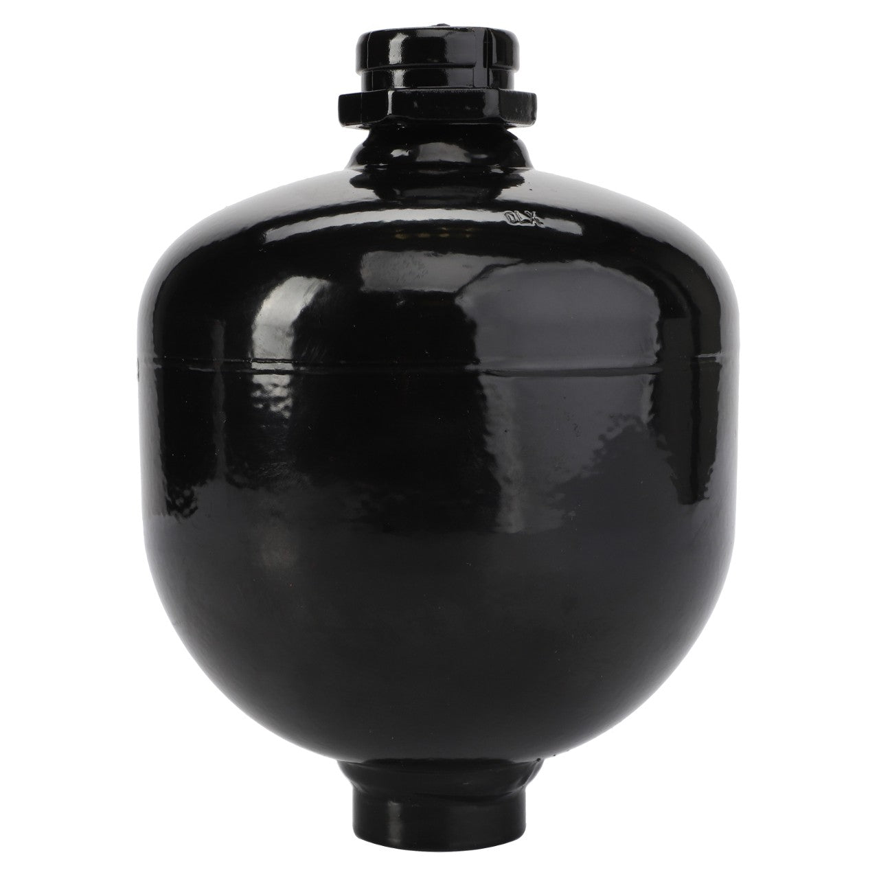 A glossy black pressure vessel with a rounded base and threaded top connection, typically used in industrial or mechanical systems, such as those found in Massey Ferguson models, similar to the AGCO | Accumulator - D45100300 by AGCO.