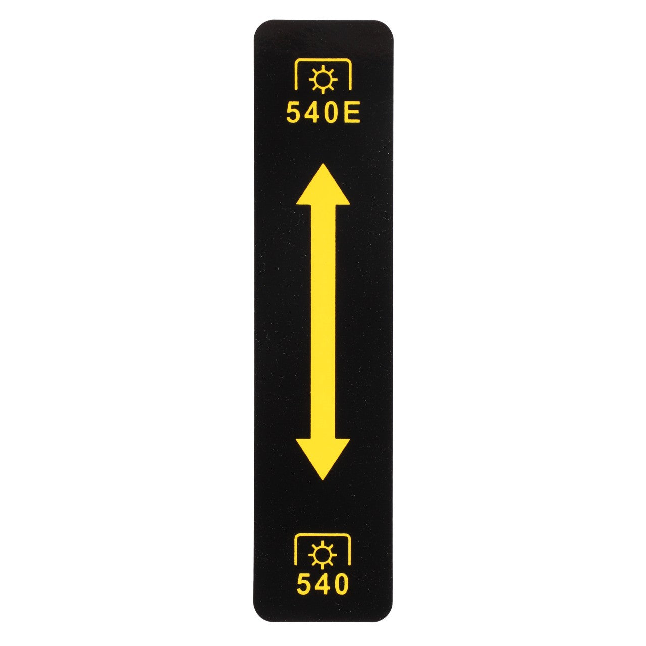 The AGCO Sticker - Acw0781460 is a black rectangular panel featuring yellow directional arrows pointing up and down. It has "540E" text at the top and "540" text at the bottom, each accompanied by gear symbols. No additional product description details are currently available.