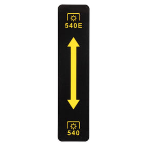 The AGCO Sticker - Acw0781460 is a black rectangular panel featuring yellow directional arrows pointing up and down. It has "540E" text at the top and "540" text at the bottom, each accompanied by gear symbols. No additional product description details are currently available.