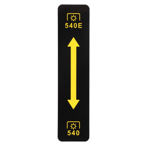 The AGCO Sticker - Acw0781460 is a black rectangular panel featuring yellow directional arrows pointing up and down. It has "540E" text at the top and "540" text at the bottom, each accompanied by gear symbols. No additional product description details are currently available.