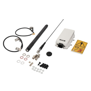 Displayed components of the AGCO | Autoguide Kit - Acw2217330 from AGCO include antennas, cables, a white control box, connectors, washers, screws, and a warning sticker. No current product description information available.