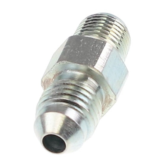 The AGCO | ADAPTER FITTING - AG553530 is a metal hex nipple adapter fitting from AGCO, designed with threaded ends for connecting two sections of tubing or piping. No additional information available.