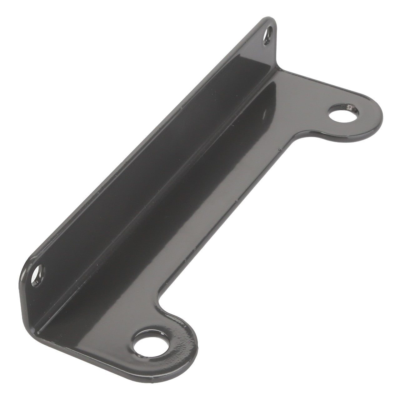 The AGCO | Bracket - Acw1614000 by AGCO is a black metal bracket with a right-angle bend, featuring three pre-drilled holes for mounting.