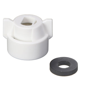 The AGCO | CAP - AG429111, a white plastic adapter featuring two protruding tabs and accompanied by a black rubber washer, is displayed against a white background. No further product description information is available at this time.