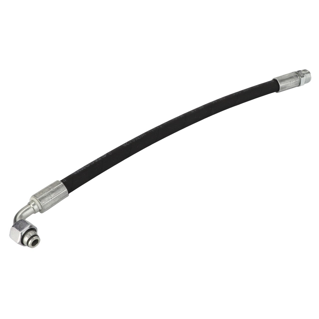 Introducing the AGCO | Hose - Acw4666910 by AGCO: a flexible black hose equipped with metallic fittings on both ends, featuring a bent connector on one side and a straight connector on the other.