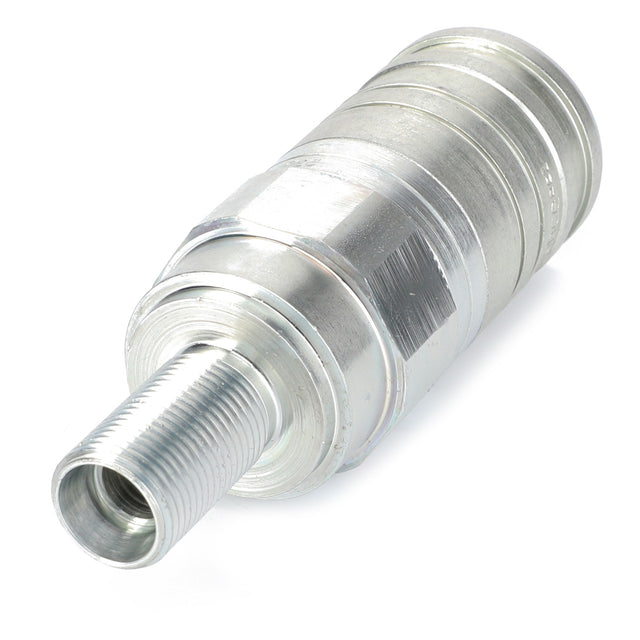 The AGCO Quick Coupler - 4358253M1 is a metal hydraulic coupling with a threaded end designed for fluid connections, seamlessly integrating with Dyna-6 transmissions and compatible with Valtra and Massey Ferguson machinery.