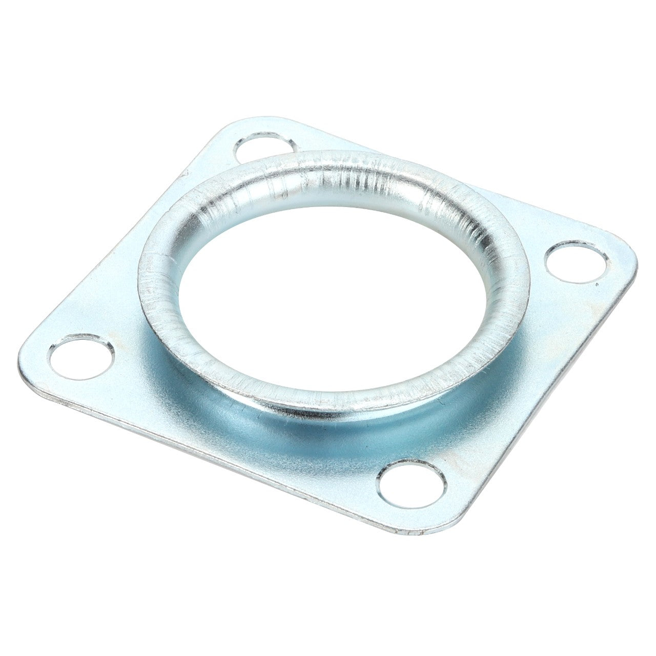 Product Description: The AGCO-SPACER - 0.008.5404.0 is a square metal flange featuring a central circular opening and four bolt holes, one at each corner, providing secure attachment points for various applications.