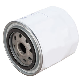 The AGCO Engine Oil Filter Spin On - 3639370M1 is a white cylindrical metal filter featuring a threaded center and multiple holes around it for attachment to a vehicle engine. This genuine AGCO product extends component life by preventing wear and corrosion.