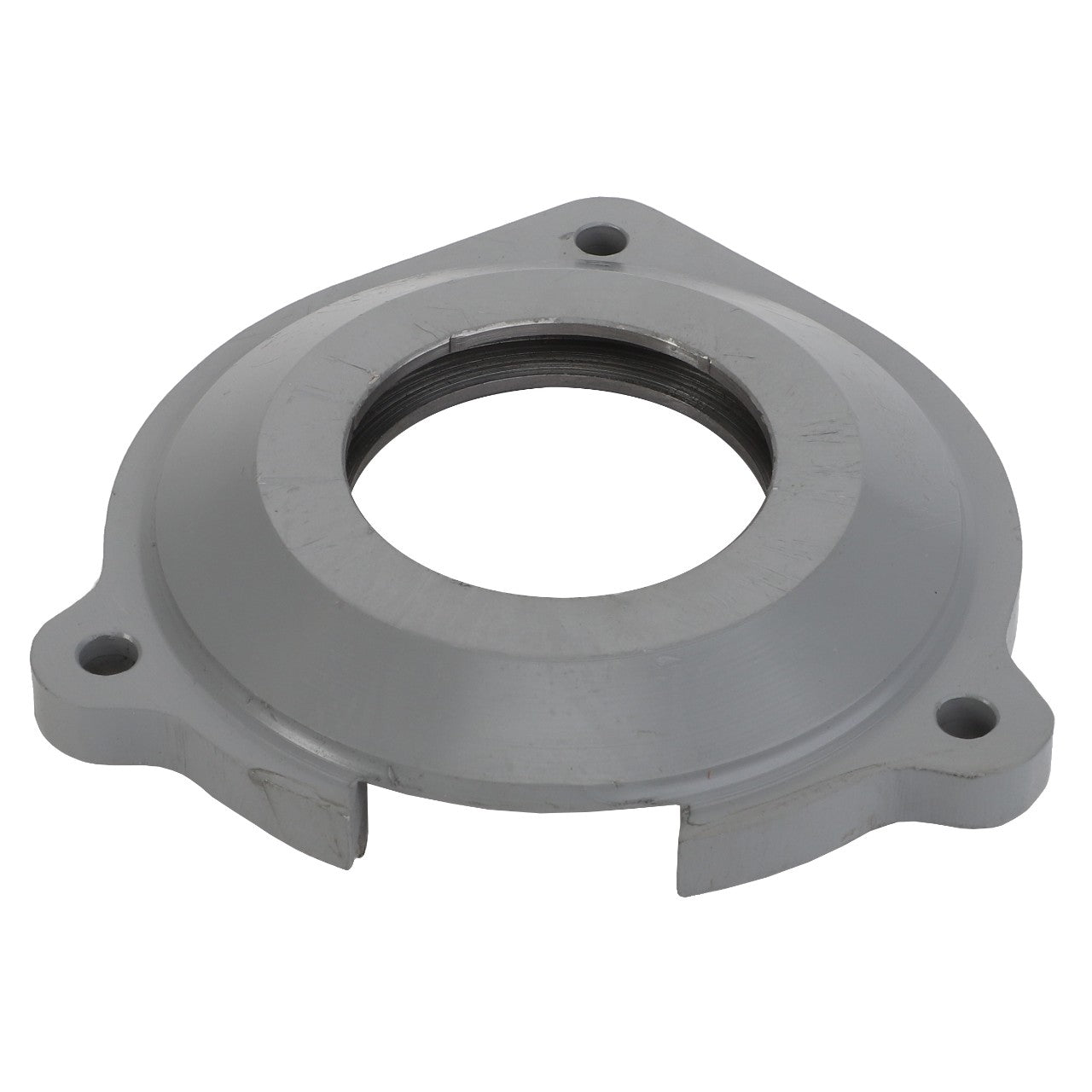 Introducing the AGCO BEARING CAP - D26736035, a metal flange featuring a circular central hole and three outer mounting holes, specifically designed for mechanical or plumbing applications.