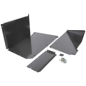 The AGCO Inner Protection Of Grain Tank Unloading - Acw1517680, featuring a set of black metal panels and various hardware pieces, is laid out on a white background, presumably for assembly purposes.