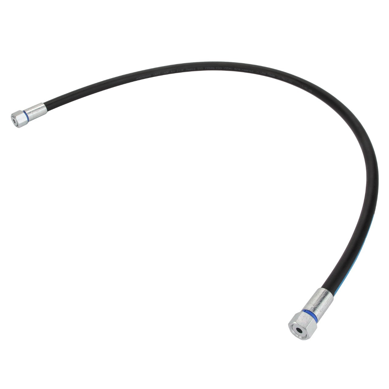 The AGCO Hose - Acw3789070 is a flexible black hydraulic hose with metal fittings at both ends, elegantly curved in an arch shape over a pristine white background.