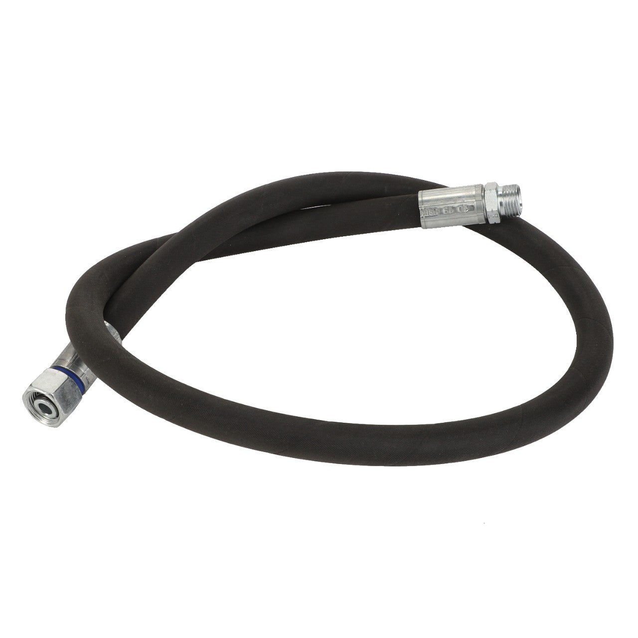 The AGCO | Hydraulic Hose - Acw1391450, a coiled black rubber hose with metal fittings at both ends, is specially designed for hydraulic applications and built to withstand extreme temperatures.