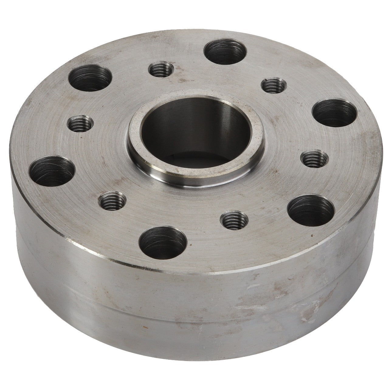 The AGCO Spacer - Acw0536560 is a circular metal disc featuring multiple holes of varying sizes drilled into its surface, potentially serving as a mechanical component or flange. No additional product description information is currently available.