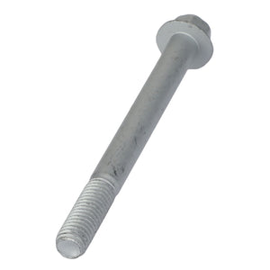 An AGCO | Hex Flange Head Machine Screw - Acw1040890 featuring a sturdy cylindrical body, precise helical threading at one end, and a sleek flat head at the opposite end.