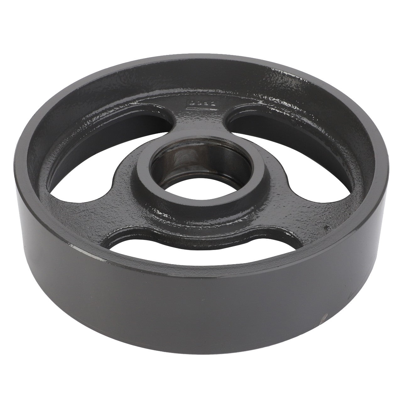 Introducing the AGCO Idler Pulley - La320653650: a black metal pulley by AGCO featuring four spokes, a central opening, and a slightly reflective surface.