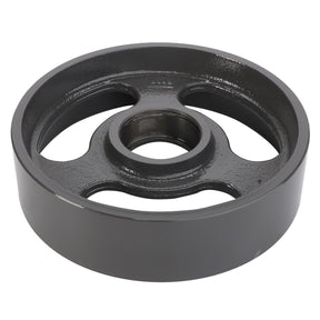 Introducing the AGCO Idler Pulley - La320653650: a black metal pulley by AGCO featuring four spokes, a central opening, and a slightly reflective surface.