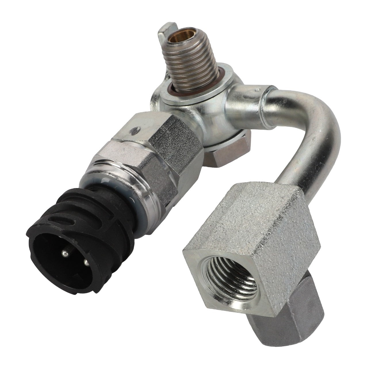 The AGCO | Fuel Line - F340200060190, featuring a black plastic connector and a bent metal tube with hexagonal fittings, is commonly found in machinery like the Fendt Vario SCR.