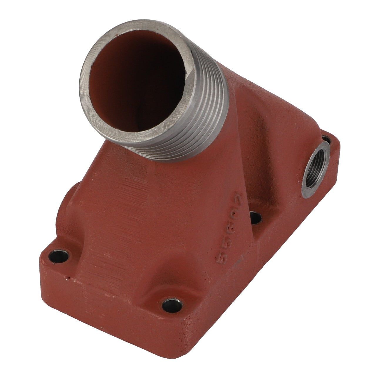 The AGCO Water Pipe - Acw6184560 by AGCO is a sturdy red metal fitting with a threaded, angled opening and three strategically placed bolt holes for secure attachment.