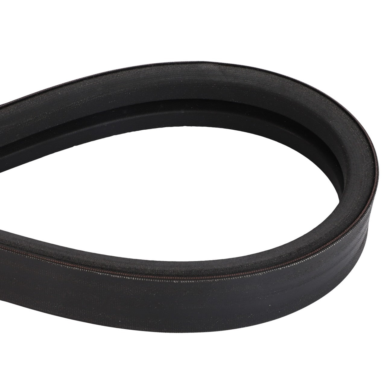 Close-up of the AGCO | Belt - Acw1660090 against a white background. The black rubber V-belt is looped, showcasing its smooth outer surface and grooved inner surface. No current product description is available.