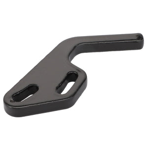 Introducing the AGCO | Sheet - Acw923128A, a sleek black metal component designed with a hook-like shape and two elongated holes for secure fastening.