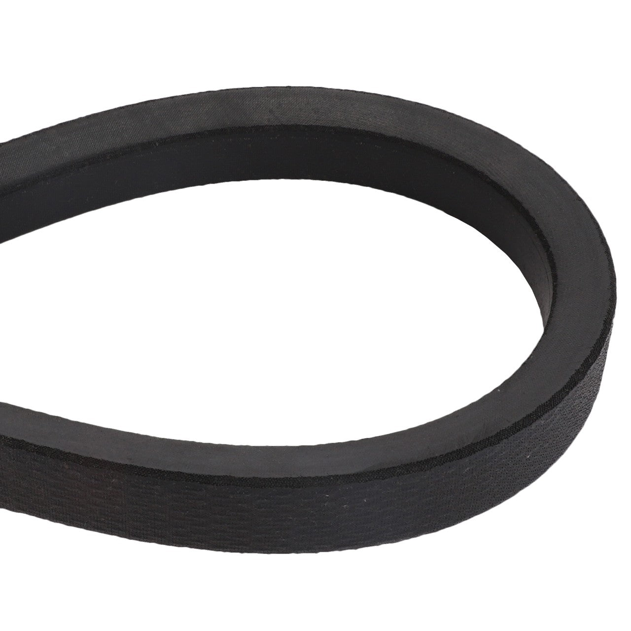 A close-up view of the AGCO | V BELT - D41993000 in a looped form. The black rubber belt has a smooth texture and appears sturdy.