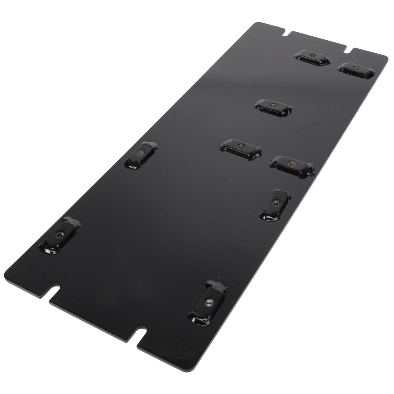 The AGCO | MOUNTING PLATE - AG423671 by AGCO is a rectangular black metal plate equipped with multiple small mounting brackets and slots along its edges, providing versatile installation options.