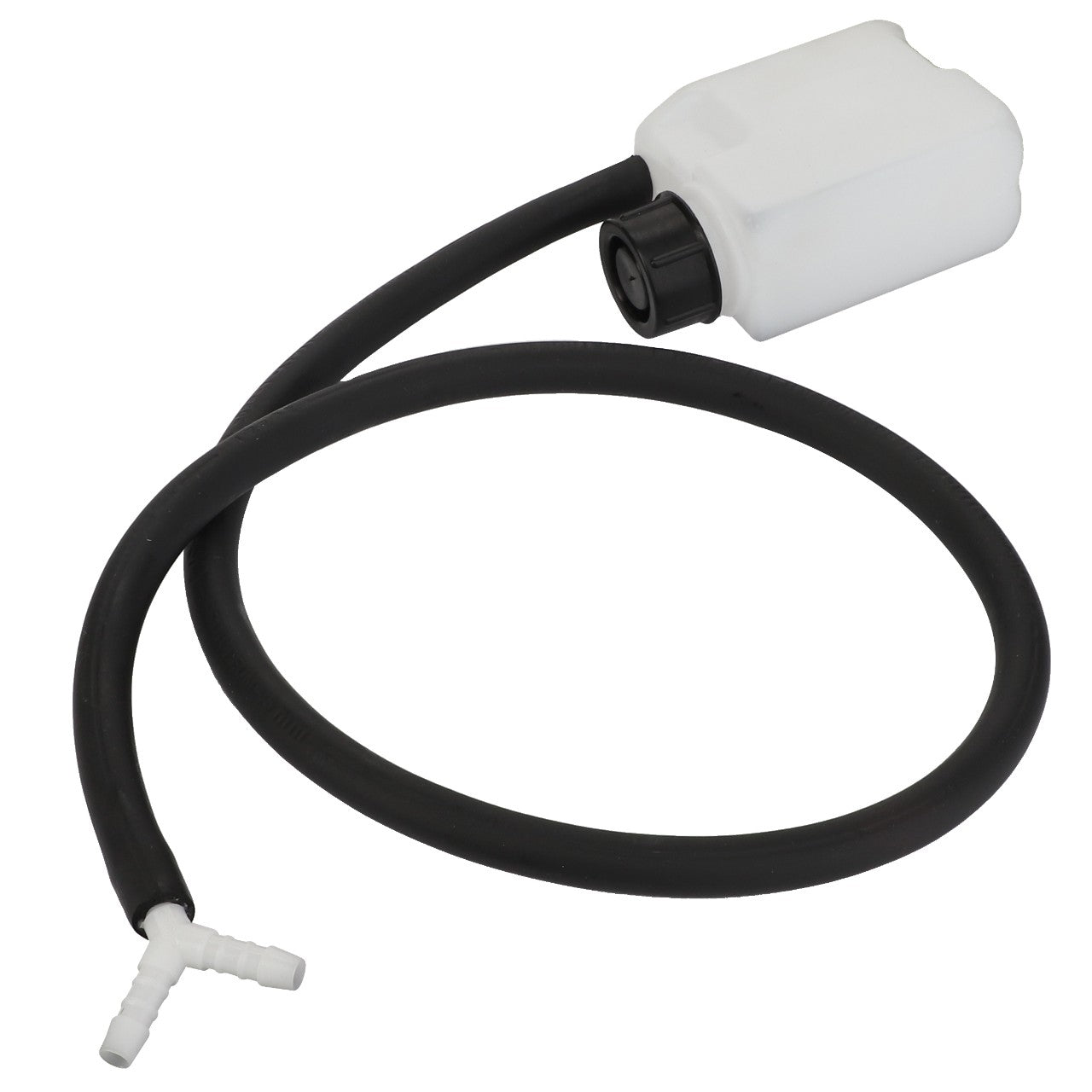 Product Description: The AGCO | Tank - Acp0325720 features a black flexible hose attached to a white plastic container with a black cap and a T-shaped white plastic connector at the other end.