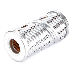 The AGCO Hydraulic Filter Cartridge - AG718573 is a cylindrical metal filter with a perforated exterior and corrugated inner lining, ideal for hydraulic system applications.