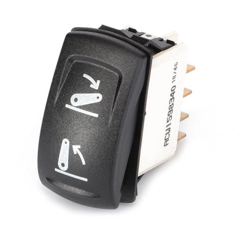 The AGCO Rocker Switch for 3-Point Hitch Up/Down (Acw1598340) is black with white symbols indicating the up and down positions, featuring a white back and multiple metal pins for electrical connections. No Current Product Description Information Is Available.