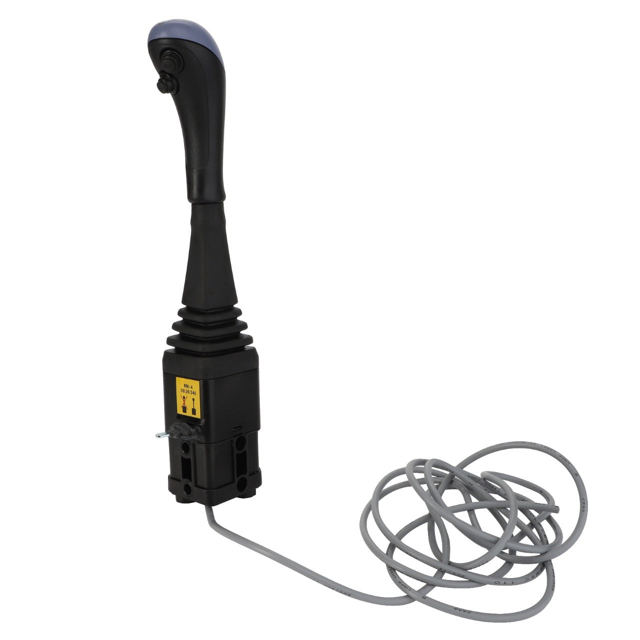 Image of an AGCO Two Button Joystick Handle, MK3 - AL5020346 in black with a long, coiled gray cable attached.