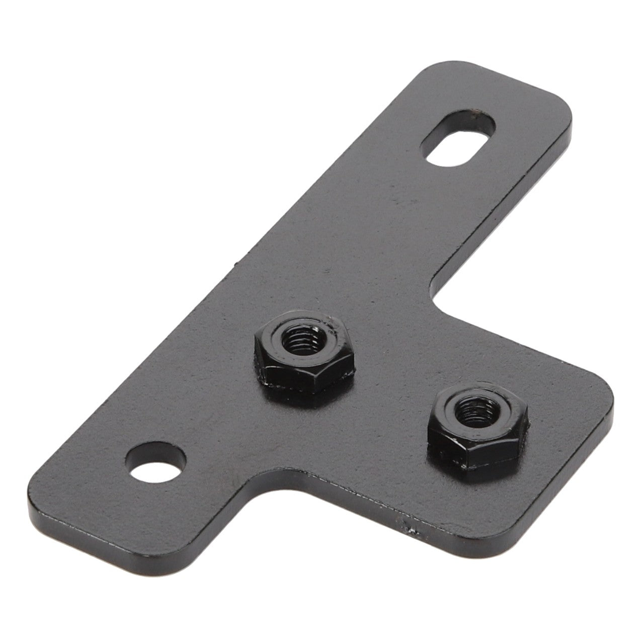 Introducing the AGCO Bracket - Acw2069900, a black metal mounting bracket equipped with two hex nuts and three pre-drilled holes. No current product description information available.