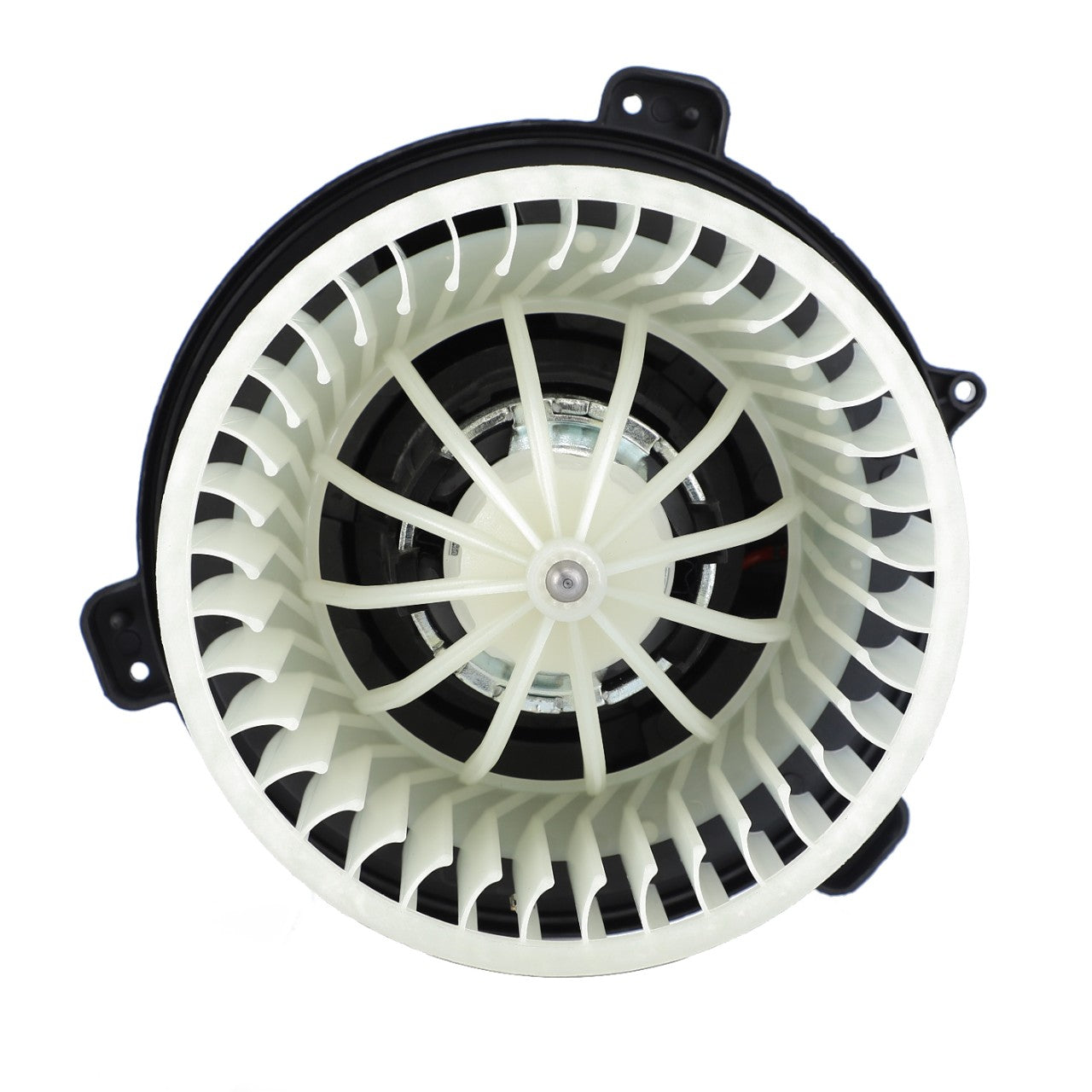 Top view of the AGCO | FAN - 0.010.2537.0, featuring a round, white plastic blower fan with multiple curved blades and a black mounting frame from the AGCO brand.