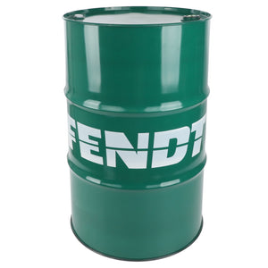 A green metal barrel, branded with "FENDT" in prominent white lettering, specifically designed for heavy-duty diesel engine oil: AGCO | Fendt Premium Extra Grade 10W-40 205L - Fx991500447.