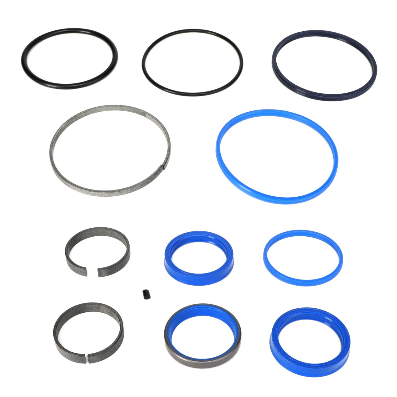 A variety of AGCO | SEALS KIT - AL5040071, including O-rings and seals in different sizes and colors, primarily black, silver, and blue, are arranged neatly on a white background. No current product description information is available.