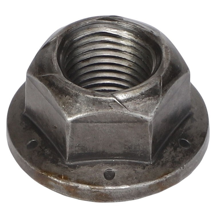 Close-up of the AGCO | HEX FLANGE NUT - AG606489 with an integrated washer, showing internal threading and six sides. No current product description information is available.