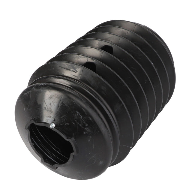 A large black plastic cylindrical component with ribbed sides and an open hollow center, currently lacking a detailed product description, is the AGCO Protective Funnel - Fel103108.