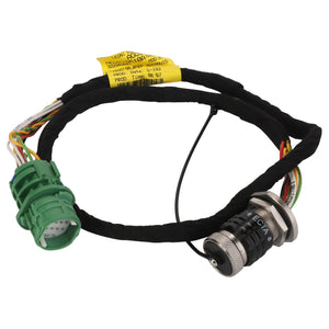 The AGCO | Auto-Guide Wire Harness - Acw215610A is a coiled automotive wiring harness with multi-colored wires, encased in a black protective sleeve, featuring a green connector on one end and a black connector on the other end.