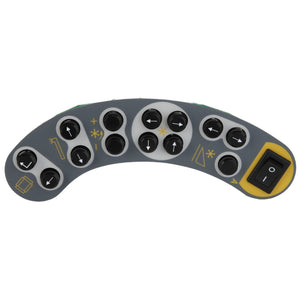 The AGCO | CONTROL PANEL - D28984035 by AGCO features a curved control panel designed with multiple round buttons and a toggle switch, showcasing various symbols and icons in white and yellow against a gray background.