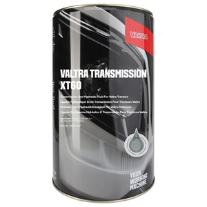 A 25-liter canister of AGCO's Valtra Transmission Xt60 fluid (part number VACC3407) for Valtra tractors, ideal for CVT transmissions, featuring multilingual descriptions and a silver cap.