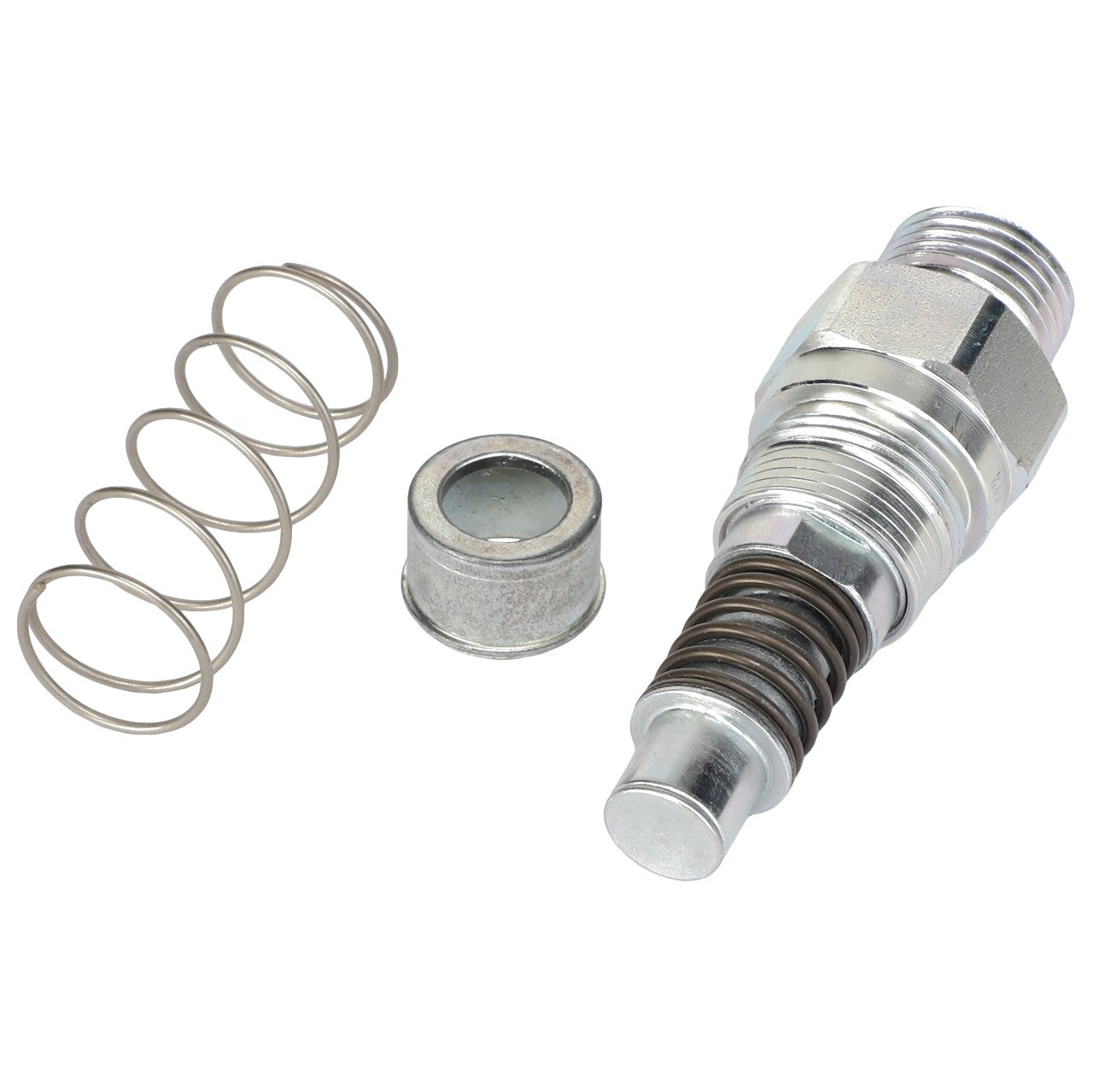 AGCO | COUPLER - AL10550202 featuring a metal spring, cylindrical fitting, and threaded bolt with a spring-loaded mechanism on a white background. No current product description information is available.