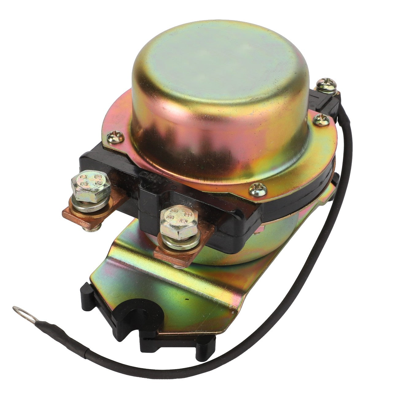 The AGCO Relay, Fuse Panel Assembly - ACY1581340 features a metallic solenoid switch with two terminals, mounted on a bracket, and connected to a black wire with a ring terminal end, ensuring operating safety and reliability as Certified AGCO Parts.