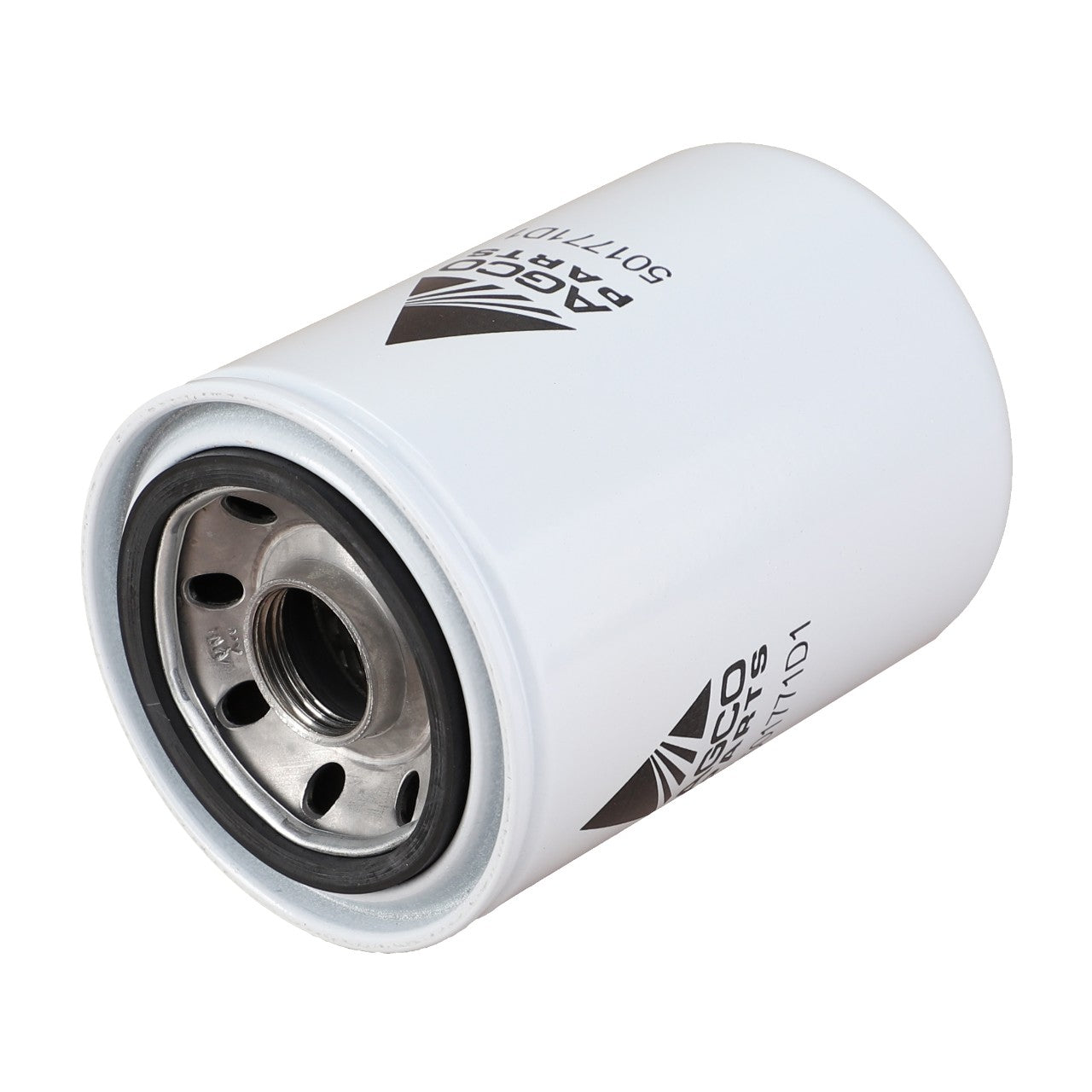 The AGCO Hydraulic Filter Spin On - 501771D1 is a white cylindrical oil filter featuring a metal top and black seal, complete with logos and part numbers. This filter is specifically designed to function as a hydraulic filter, preventing wear and extending the life of components.