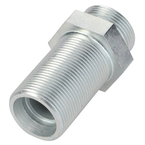 The AGCO Straight Bulkhead Union - Acw1635620 is a silver metal threaded pipe fitting with a hexagonal nut section, often utilized for connecting pipes in plumbing or industrial applications. Please note: No current product description information is available.