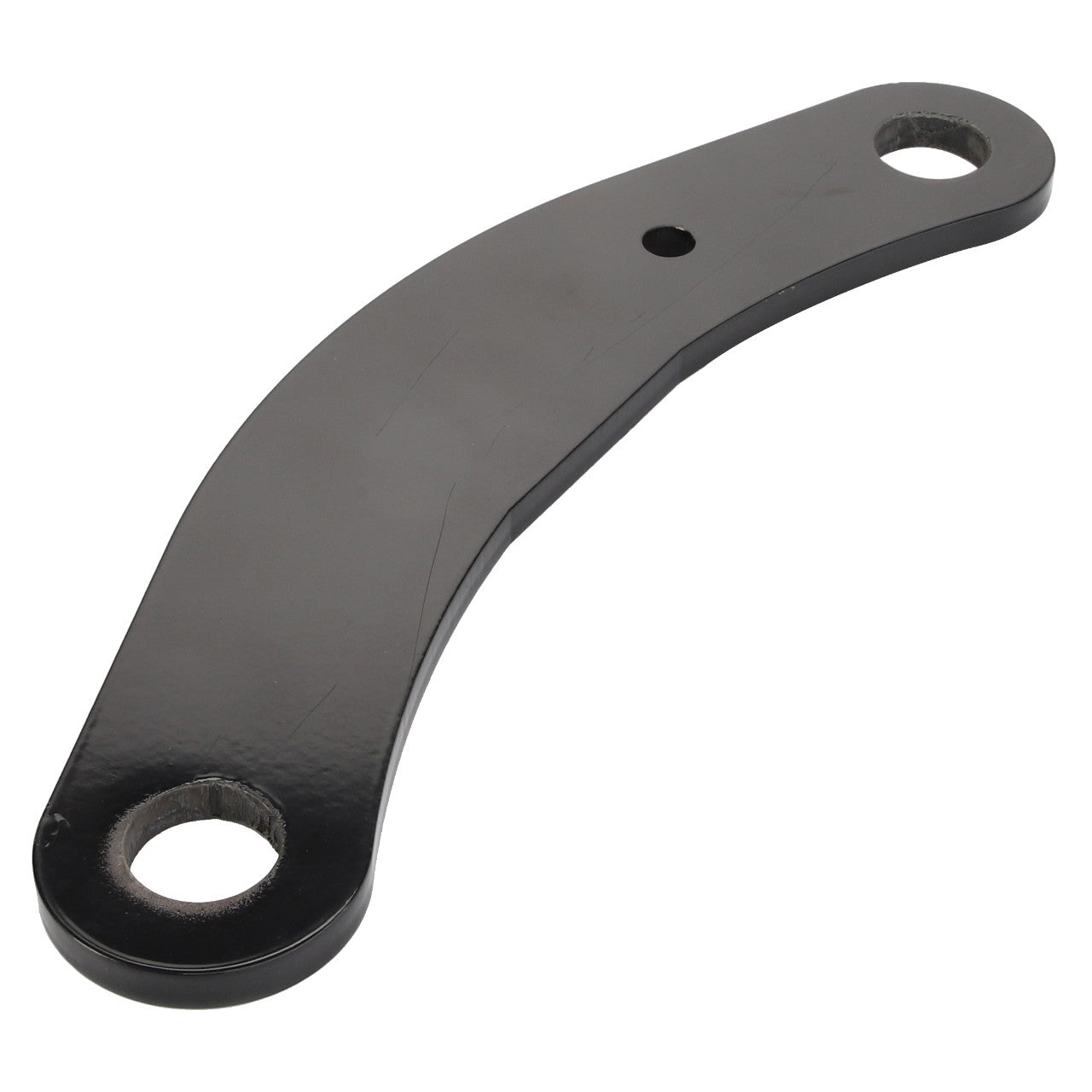 Product: AGCO | LINK - AL142888 is a sturdy black metal bracket featuring two large circular holes on each end and a smaller hole in the center.