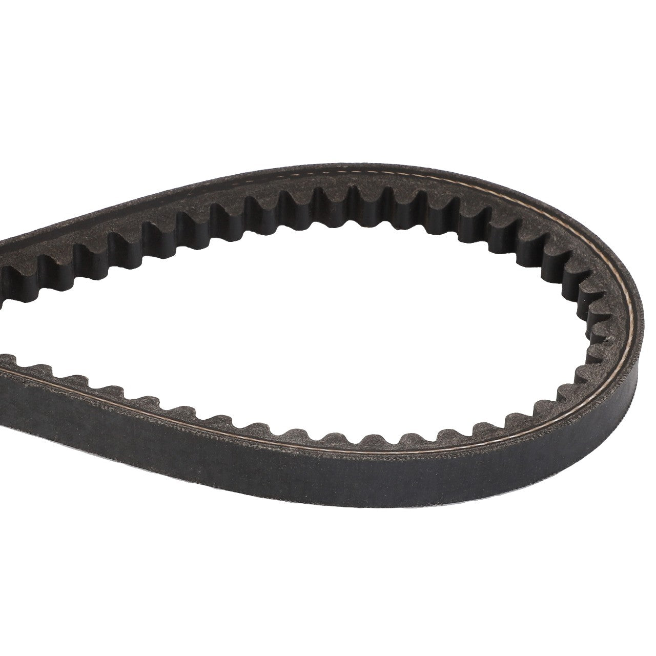 The AGCO | V BELT - ACP0356700, a black industrial V-belt with a grooved inner surface, is displayed in a teardrop shape against a white background. For any questions before ordering, please contact our support team for assistance.